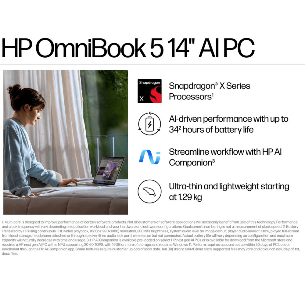HP OmniBook 5 - HE0245 Next Gen AI Laptop – Snapdragon X Plus | 16GB  | 512GB | Qualcomm Adreno GPU